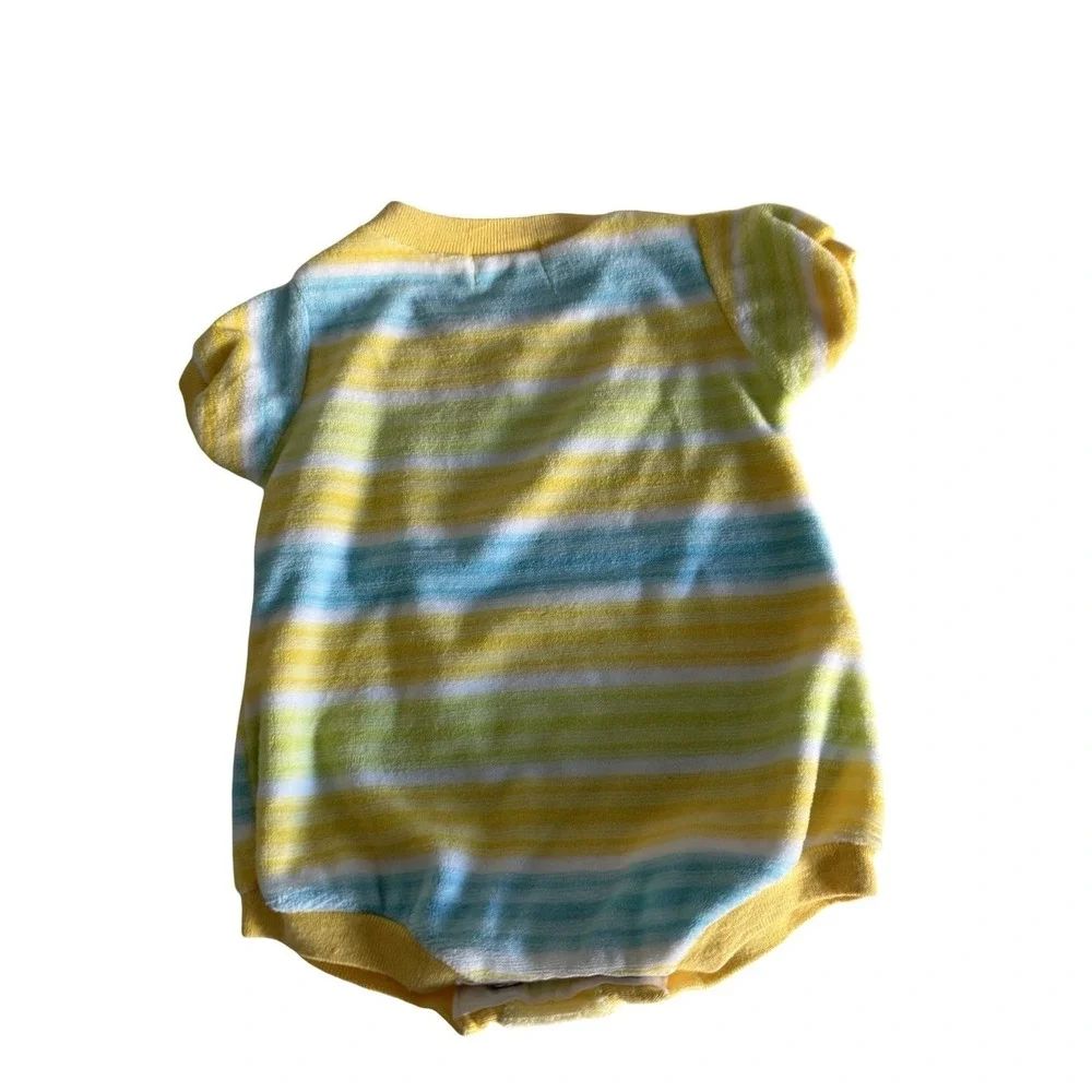 vintage health-tex sz 6 months yellow/blue/green stripped terry brush one piece